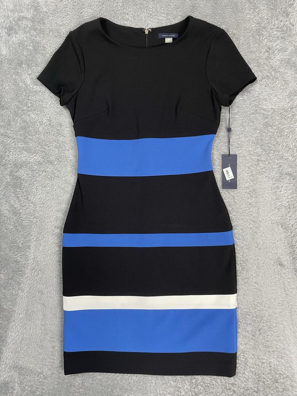 Tommy Hilfiger Sheath Dress Womens 4 Black Blue White Stripe Scoop Neck NWT